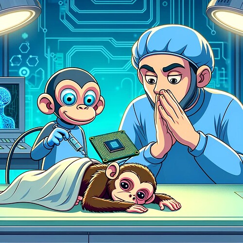 DALL·E 2024-01-30 06.17.11 - A cartoon-style image of a sick monkey lying down with a high-tech chip being implanted into its brain. In the background, there's a fictional charact