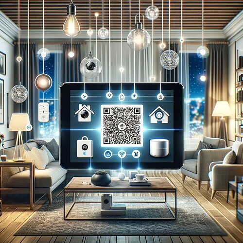 DALL·E 2024-01-29 08.49.23 - A digital artwork of a smart home environment showing a variety of connected devices like lighting, thermostat, security cameras, and a smart speaker,