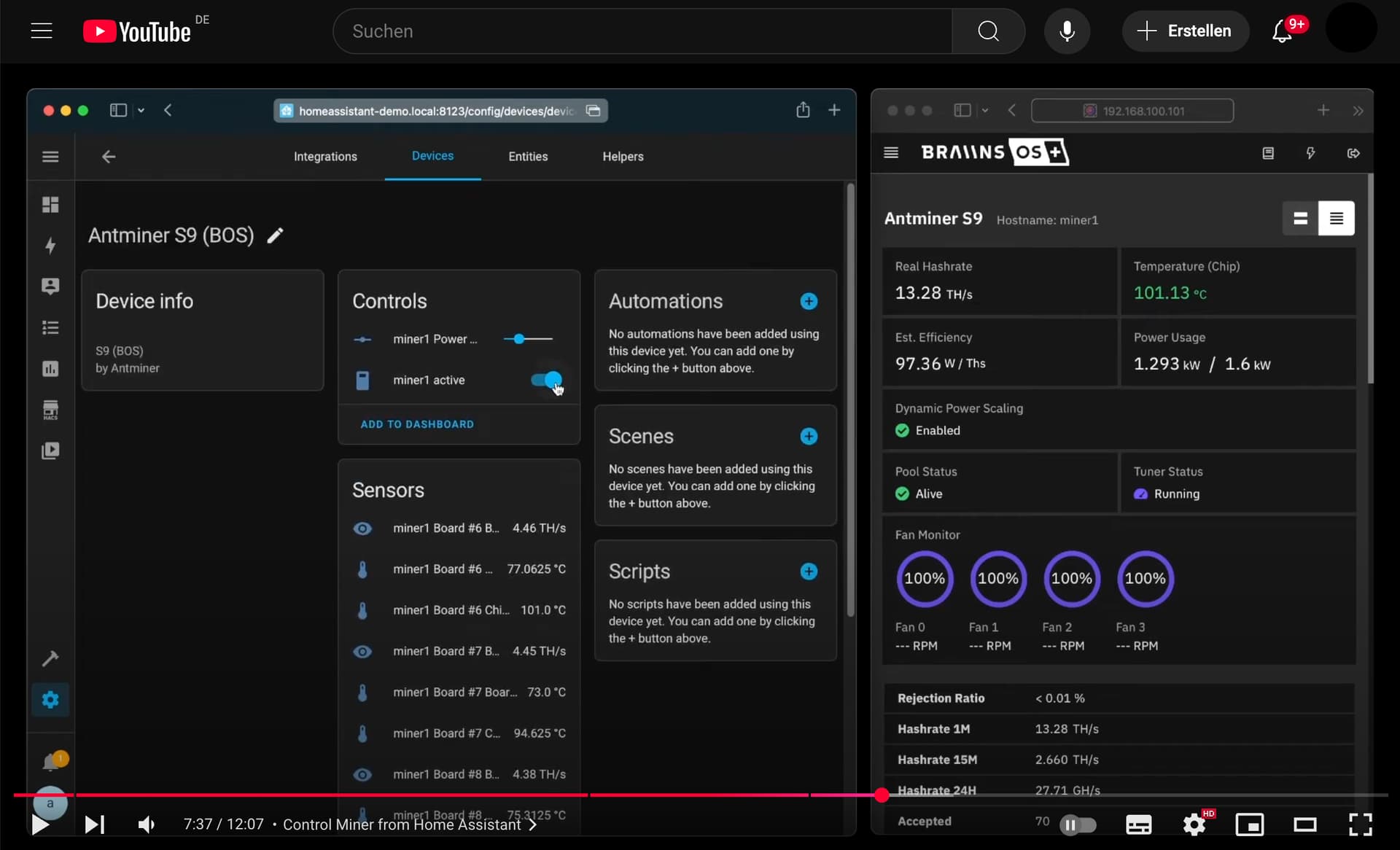 Quelle: YouTube - Bitcoin Miner wird von Home Assistant gesteuert